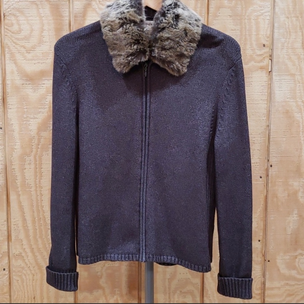 Jones of New York Faux Fur Collar Full Zip Sweater Size L